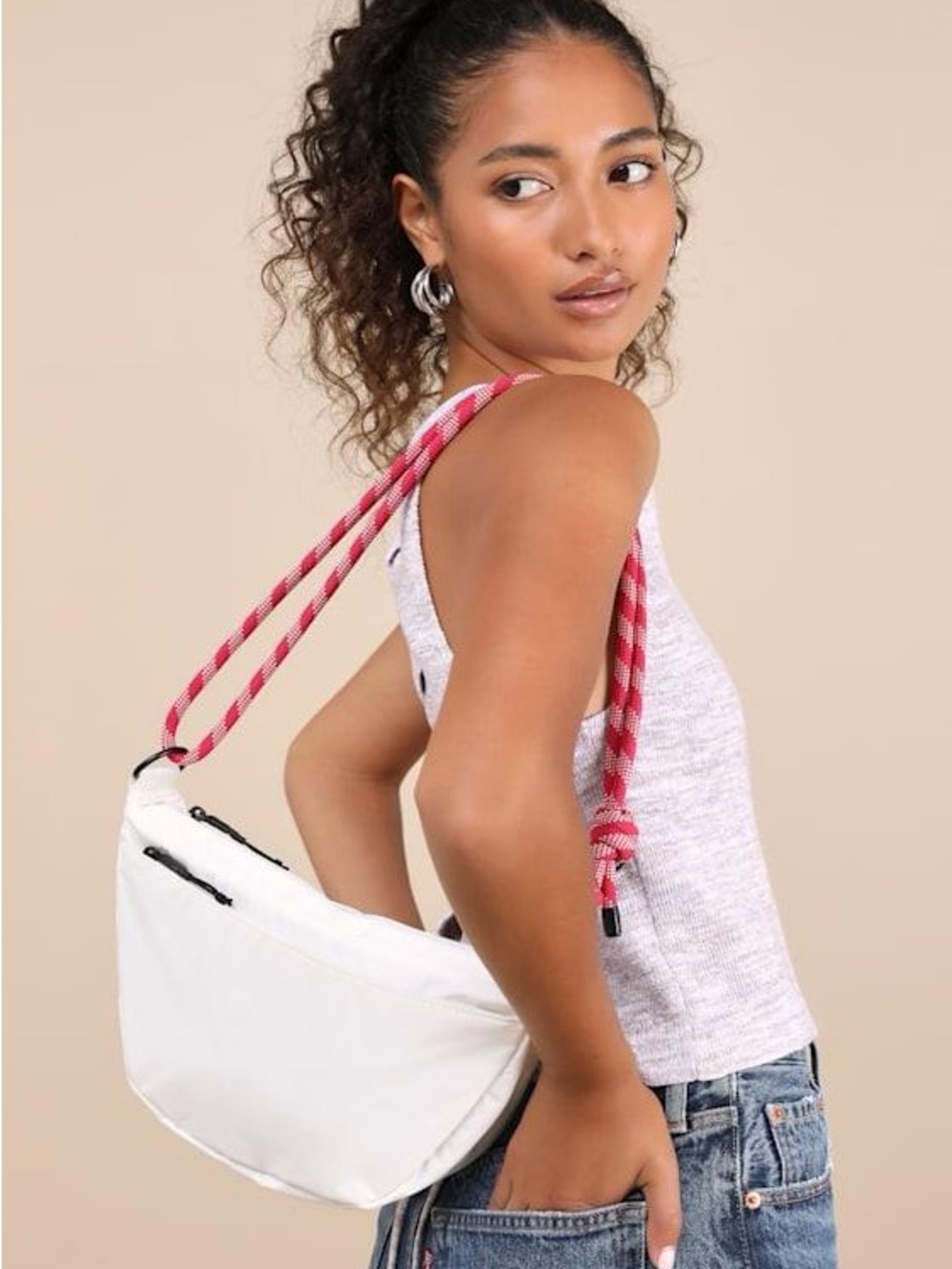Vans White Shoulder Bag with Pink Striped Rope Strap